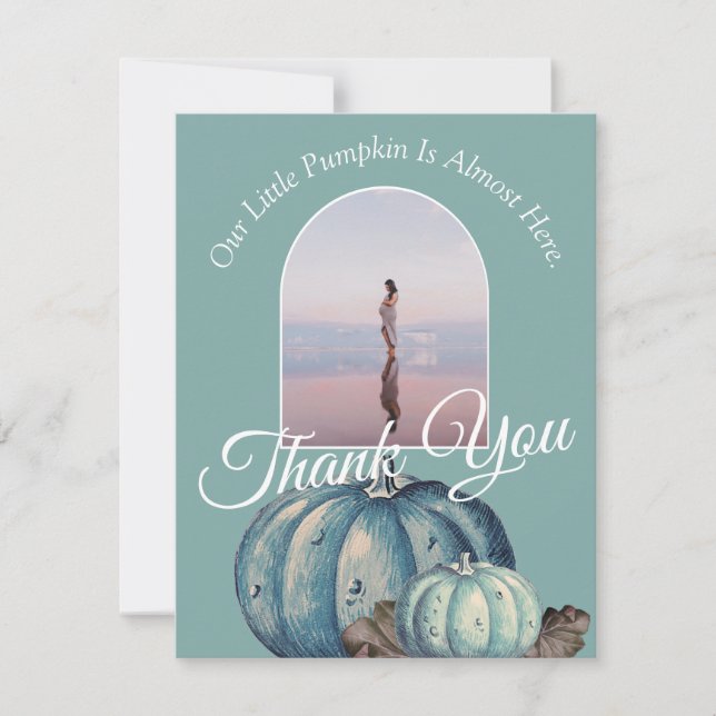 Carte De Remerciements Aquarelle bleue Notre petit Baby shower Citrouille (Devant)