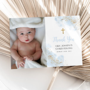 Carte De Remerciements Aquarelle bleue Or Garçon Christening Baptême Phot