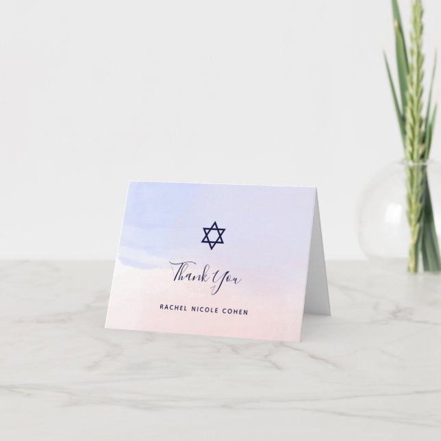 Carte De Remerciements Aquarelle bleue Pastel et rose | Bat mitzvah (Devant)