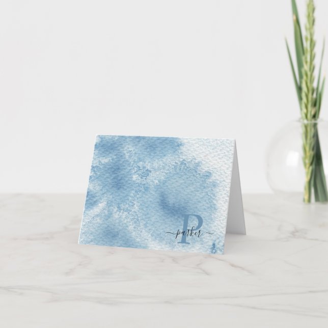 Carte De Remerciements Aquarelle bleue personnalisée Nom initial Monogram (Devant)