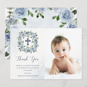 Carte De Remerciements Aquarelle Bleue Plutôt Dusty Fleurs   Baptême