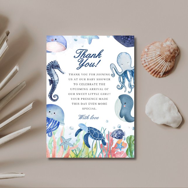 Carte De Remerciements Aquarelle bleue sous le baby shower de mer (Créateur téléchargé)