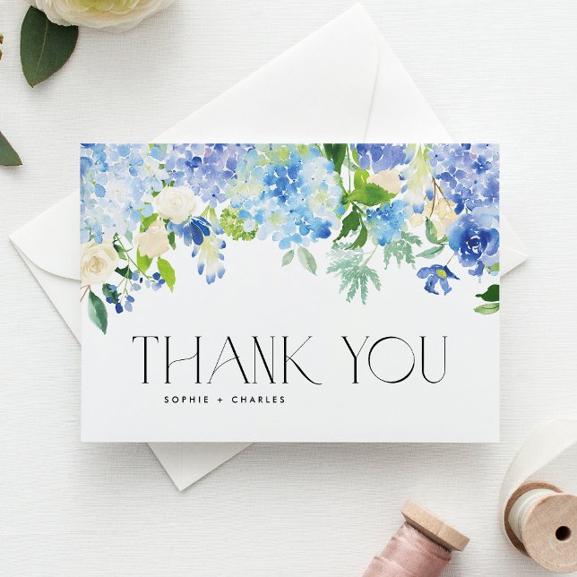 Carte De Remerciements Aquarelle Blue Hydrangea Floral Garland Mariage (Créateur téléchargé)