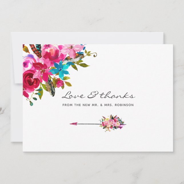 Carte De Remerciements Aquarelle Boho Chic Floral Mariage (Devant)
