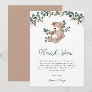 Carte De Remerciements Aquarelle Boho Teddy Bear Baby shower de verdure