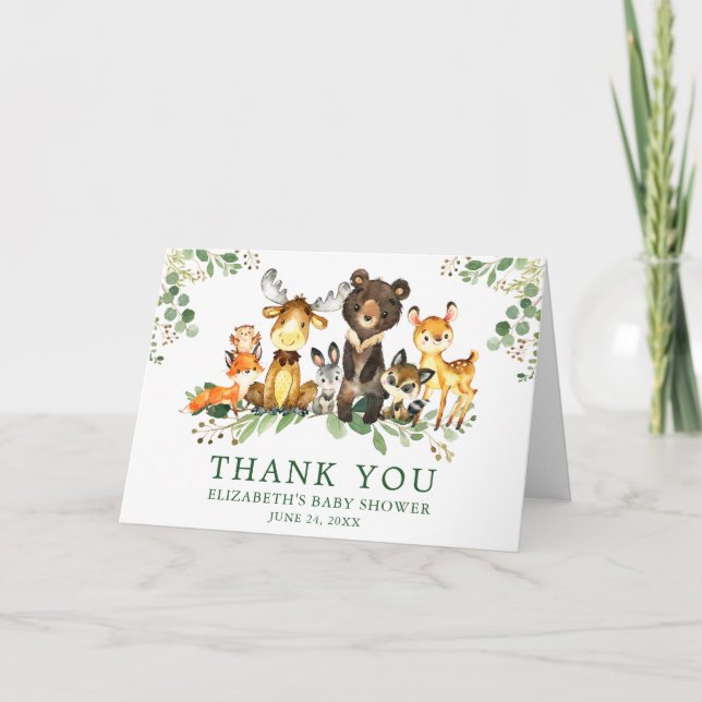 Carte De Remerciements Aquarelle Bois Animaux Baby shower Plié (Devant)