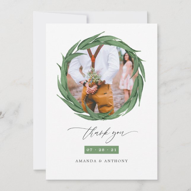 Carte De Remerciements Aquarelle bois forêt Mariage vert (Devant)