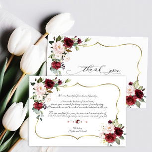 Carte De Remerciements Aquarelle Bourgogne rose Fleurs Mariage or