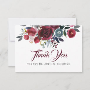 Carte De Remerciements Aquarelle Bourgogne rouge Mariage Floral