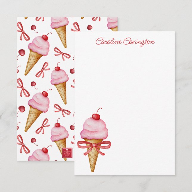 Carte De Remerciements Aquarelle Bow Pink Ice Cree Cône (Devant / Derrière)