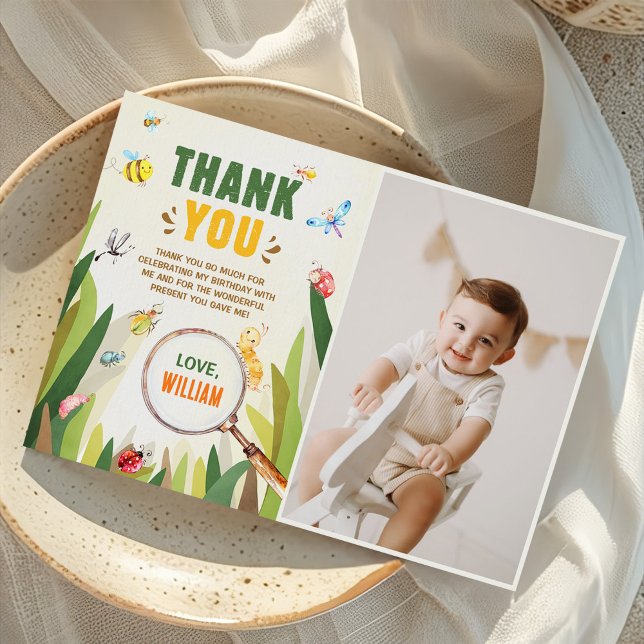 Carte De Remerciements Aquarelle Bug Insect Boy Photo d'anniversaire (Créateur téléchargé)