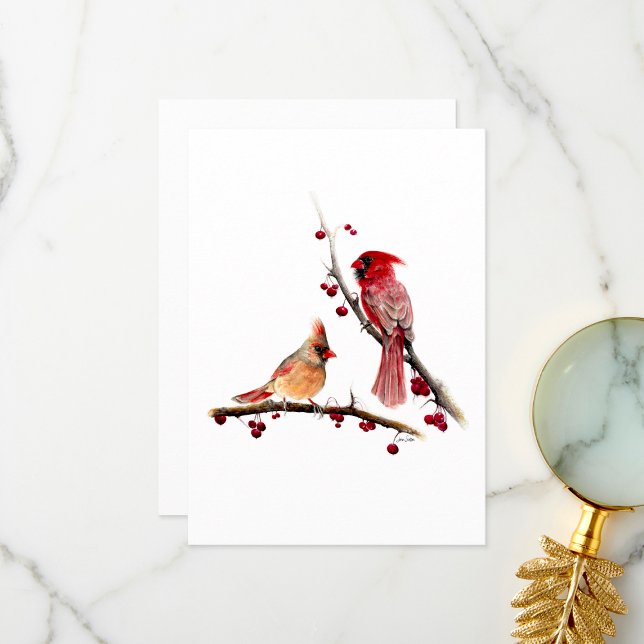 Carte De Remerciements Aquarelle Cardinal Pair (Winter Cardinal Pair Thank You Card by Jenn Steffen Art)