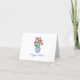 Carte De Remerciements Aquarelle Chinoiserie Vase des Geraniums rouges