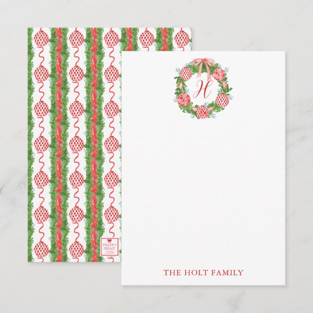 Carte De Remerciements Aquarelle Chinoiserie Wreath Monogramme Noël (Devant / Derrière)