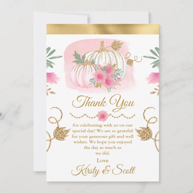 Carte De Remerciements Aquarelle Citrouille rose or Parties scintillant M (Devant)