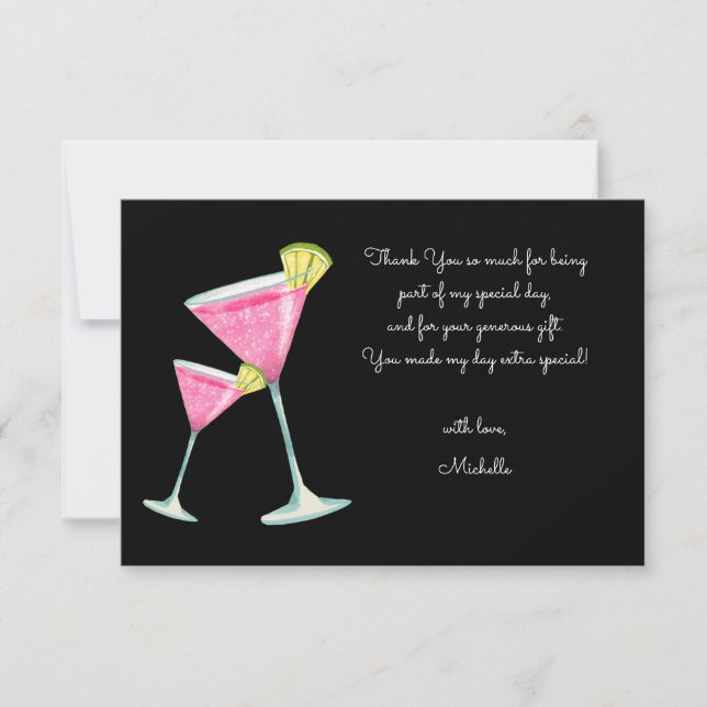 Carte De Remerciements Aquarelle Cocktail fête d'anniversaire noir (Devant)
