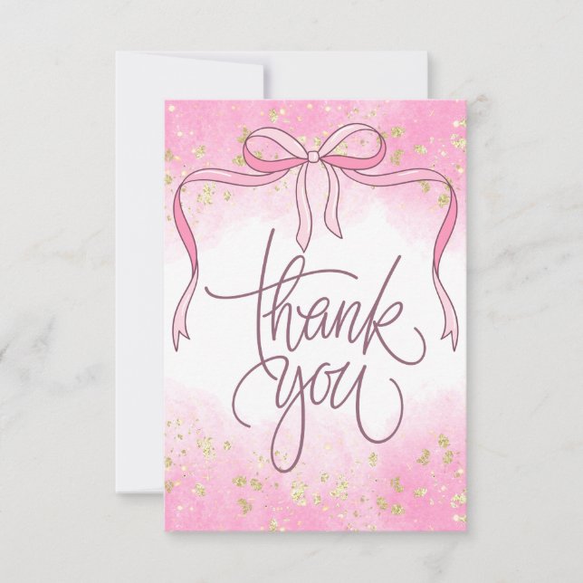 Carte De Remerciements Aquarelle Coquette Pink Bow Gold Parties scintilla (Devant)