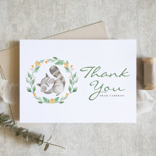 Carte De Remerciements Aquarelle couchage Raccoon Baby shower de couronne