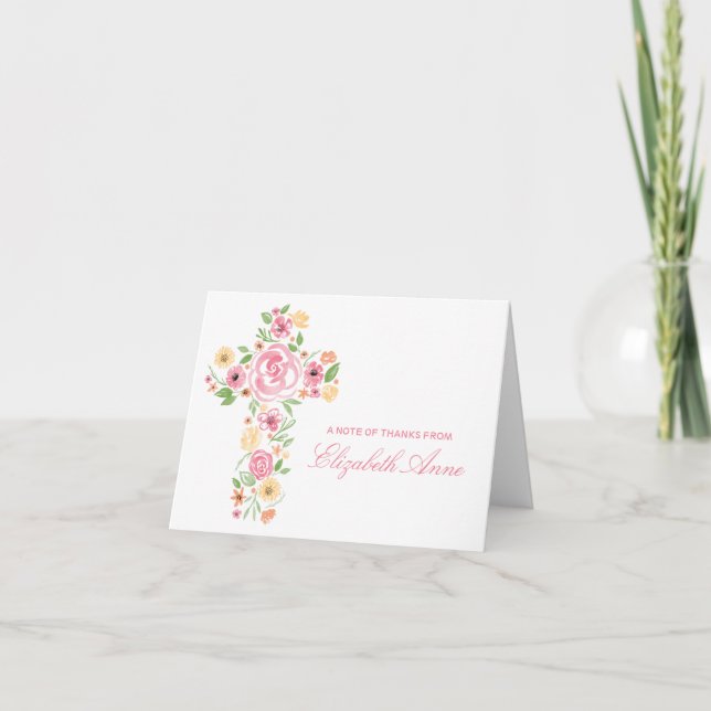 Carte De Remerciements Aquarelle Croix rose Fleur première communion (Devant)