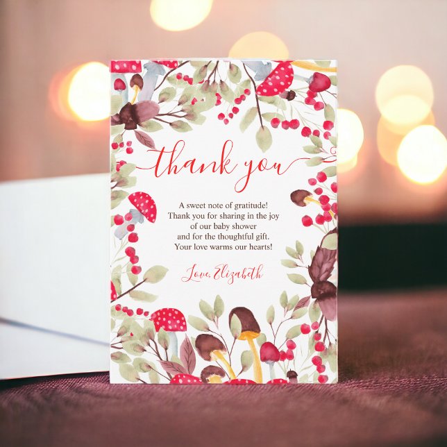Carte De Remerciements Aquarelle de champignons mignonne baby shower fore (Cute mushroom watercolor rustic forest baby shower thank you card)