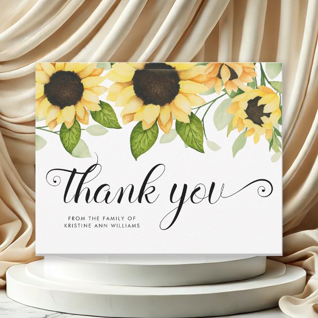 Carte De Remerciements Aquarelle de tournesol rustique Sympathie florale (Elegant Yellow Sunflower Watercolor Floral  Custom Name Sympathy Thank You Card)