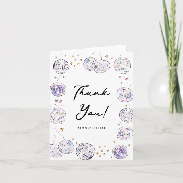 Carte De Remerciements Aquarelle Disco Ball fête d'anniversaire plié (Devant)