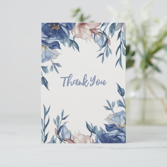 Carte De Remerciements Aquarelle douce Floral bleu (Debout devant)