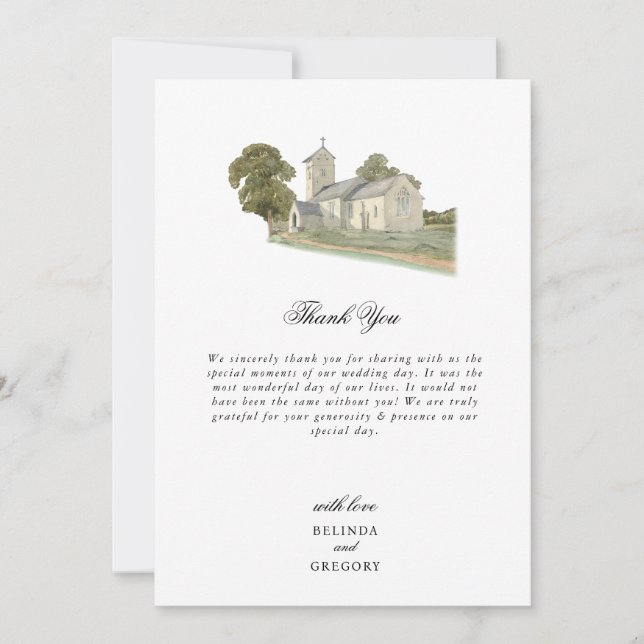 Carte De Remerciements Aquarelle Eglise traditionnelle Monogramme Mariage (Devant)