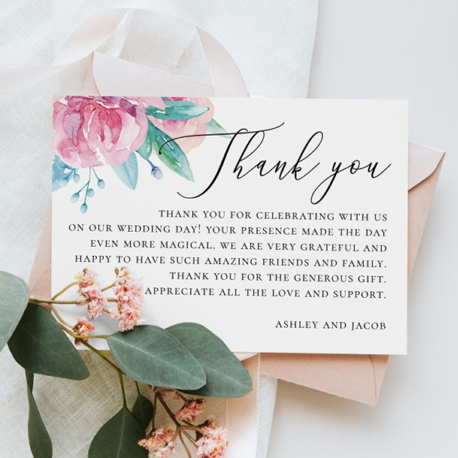 Carte De Remerciements Aquarelle élégante mariage à fleurs rose pâle (Créateur téléchargé)