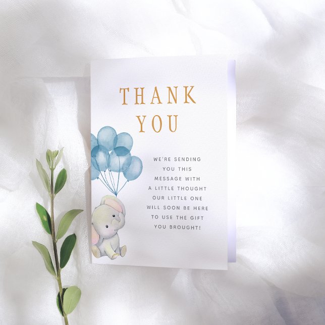 Carte De Remerciements Aquarelle Eléphant et Baby shower Ballons Bleus (Créateur téléchargé)