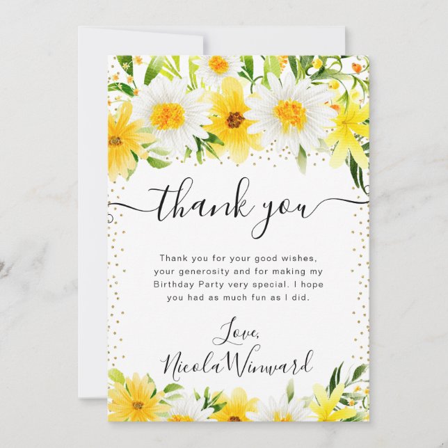 Carte De Remerciements Aquarelle et Fleurs Jaunes Anniversaire (Devant)