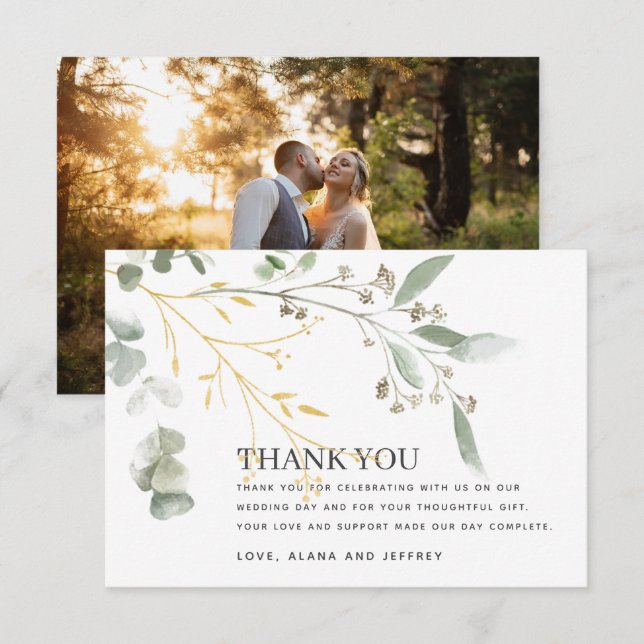 Carte De Remerciements Aquarelle Eucalyptus Vert Mariage Photo (Devant / Derrière)