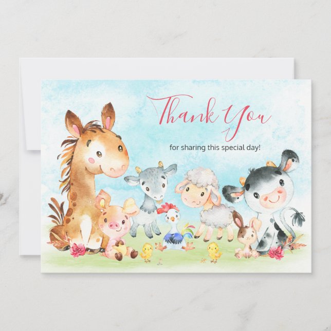Carte De Remerciements Aquarelle Fille Animaux de ferme (Devant)