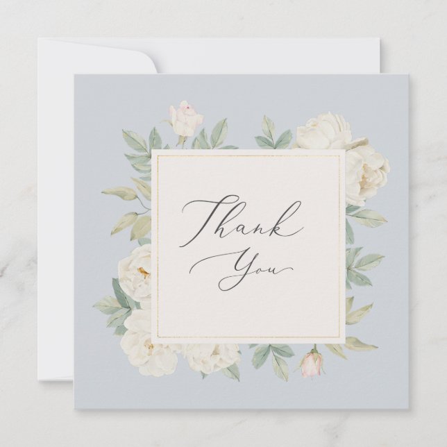 Carte De Remerciements Aquarelle fleurs blanches, bleu clair mariage (Devant)