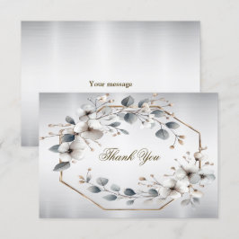 Carte De Remerciements Aquarelle Fleurs blanches Cadre doré Argent Turquo