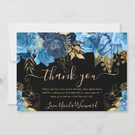 Carte De Remerciements Aquarelle Fleurs Bleues et Or Anniversaire