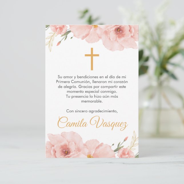 Carte De Remerciements Aquarelle Fleurs roses mignonnes première communio (Debout devant)