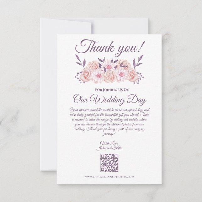 Carte De Remerciements Aquarelle Fleurs roses-Photo Mariage- (Dos)