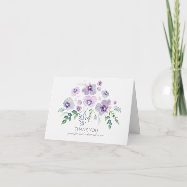 Carte De Remerciements Aquarelle Fleurs Violettes Bleues Mariage Remercie (Devant)