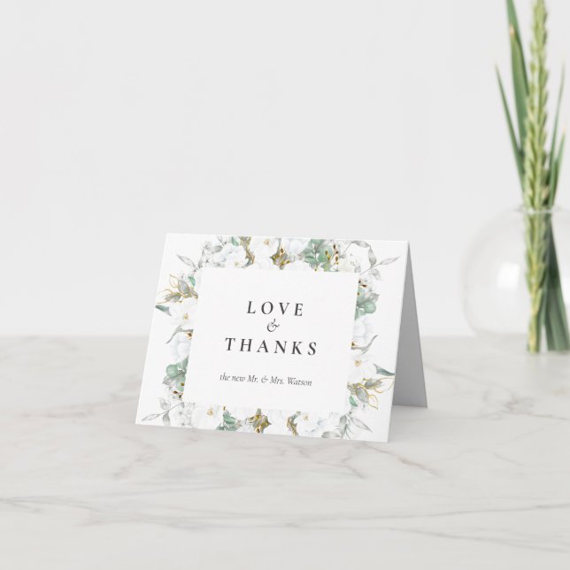 Carte De Remerciements Aquarelle Floral Blanc et or Feuille Mariage (Devant)