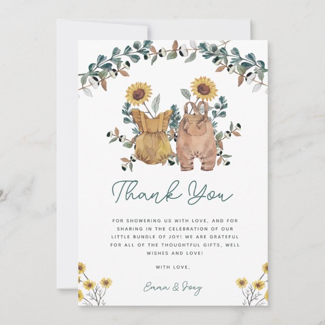 Carte De Remerciements Aquarelle Floral Boho Boy Girl Baby shower jumeaux (Devant)