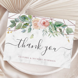 Carte De Remerciements Aquarelle Floral Boho Rose or Mariage géométrique