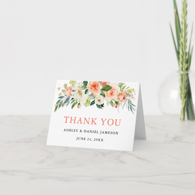 Carte De Remerciements Aquarelle Floral Coral Note Mariage (Devant)