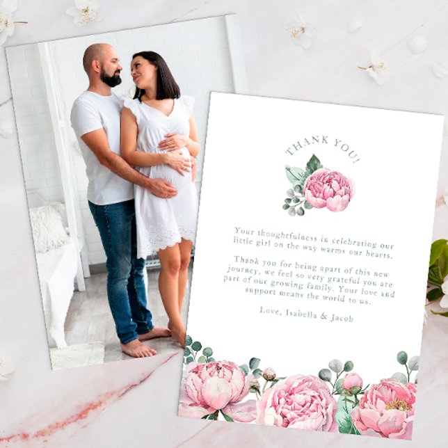 Carte De Remerciements Aquarelle Floral et Eucalyptus Vert Photo Th (Photo Thank You Card)