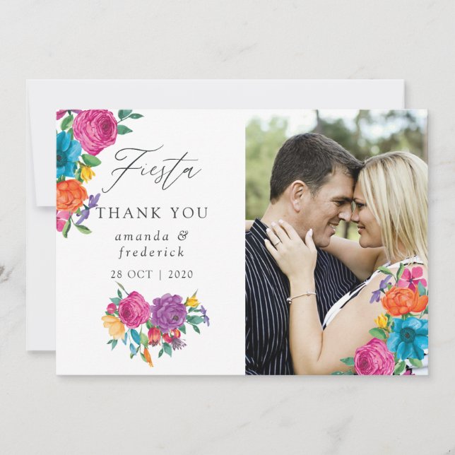 Carte De Remerciements Aquarelle Floral Fiesta photo Mariage (Devant)