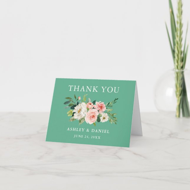 Carte De Remerciements Aquarelle Floral rose Mariage Neo Mint (Devant)