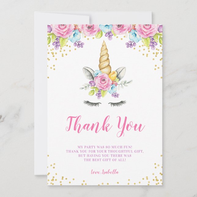 Carte De Remerciements Aquarelle Floral Unicorne Anniversaire (Devant)
