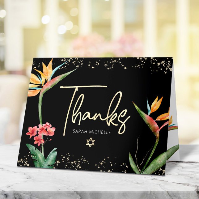 Carte De Remerciements Aquarelle florale bat mitzvah Tropical Black Gold (Créateur téléchargé)