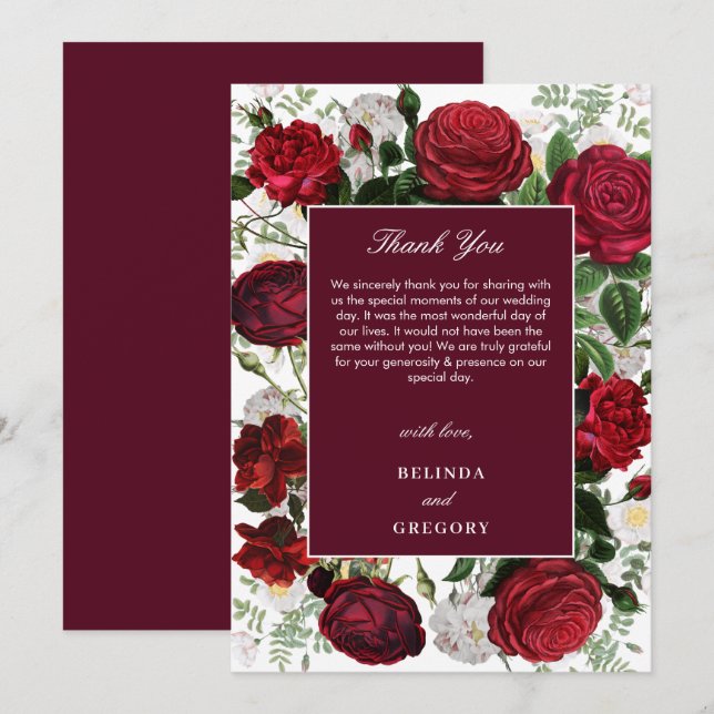Carte De Remerciements Aquarelle florale bourguignonne moderne Mariage él (Devant / Derrière)