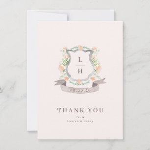 Carte De Remerciements Aquarelle Florale Crest Monogramme Mariage plat